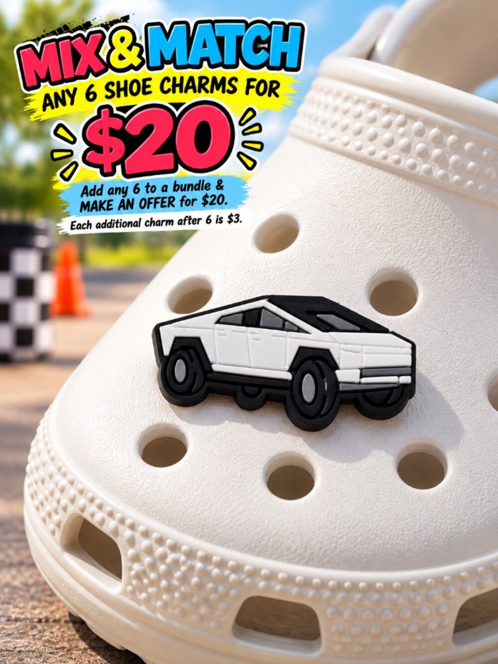 Cyber Truck Croc Shoe Charm White Futuristic EV Pickup Truck Auto Jibbitz Style